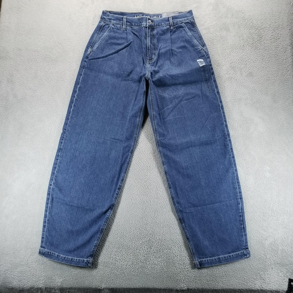 American Eagle Jeans Womens 10 Long Blue Baggy Barrel Low Rise Strigid - Picture 1 of 12